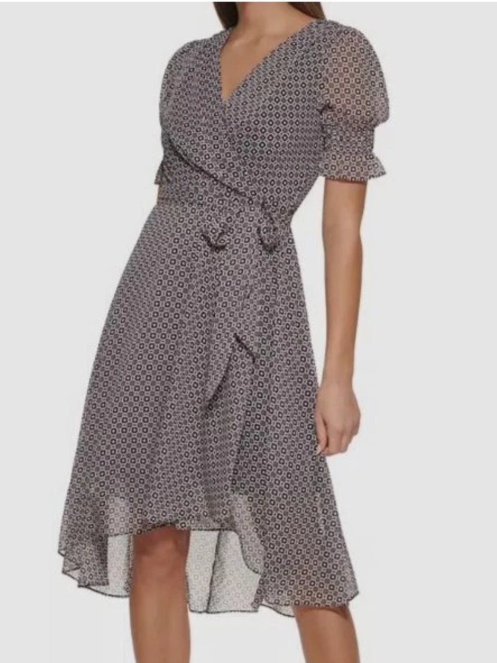 Tommy Hilfiger Women's Black White Geo Printed Wrap V Neck Midi Dress Size 18